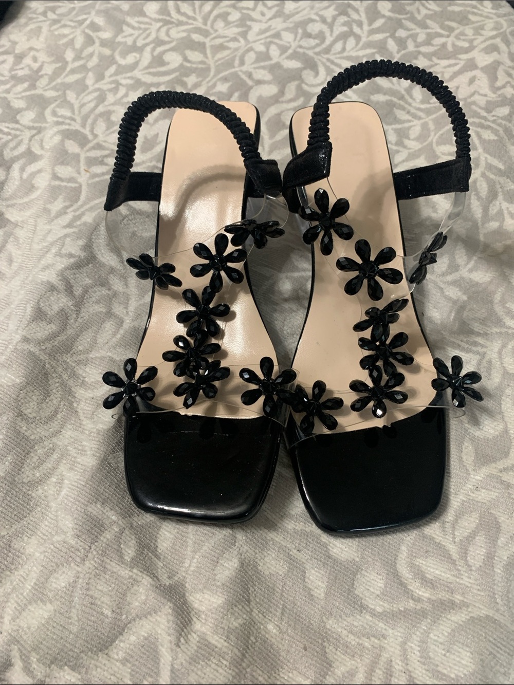 Black Floral Embellished Slingback Heels for Women